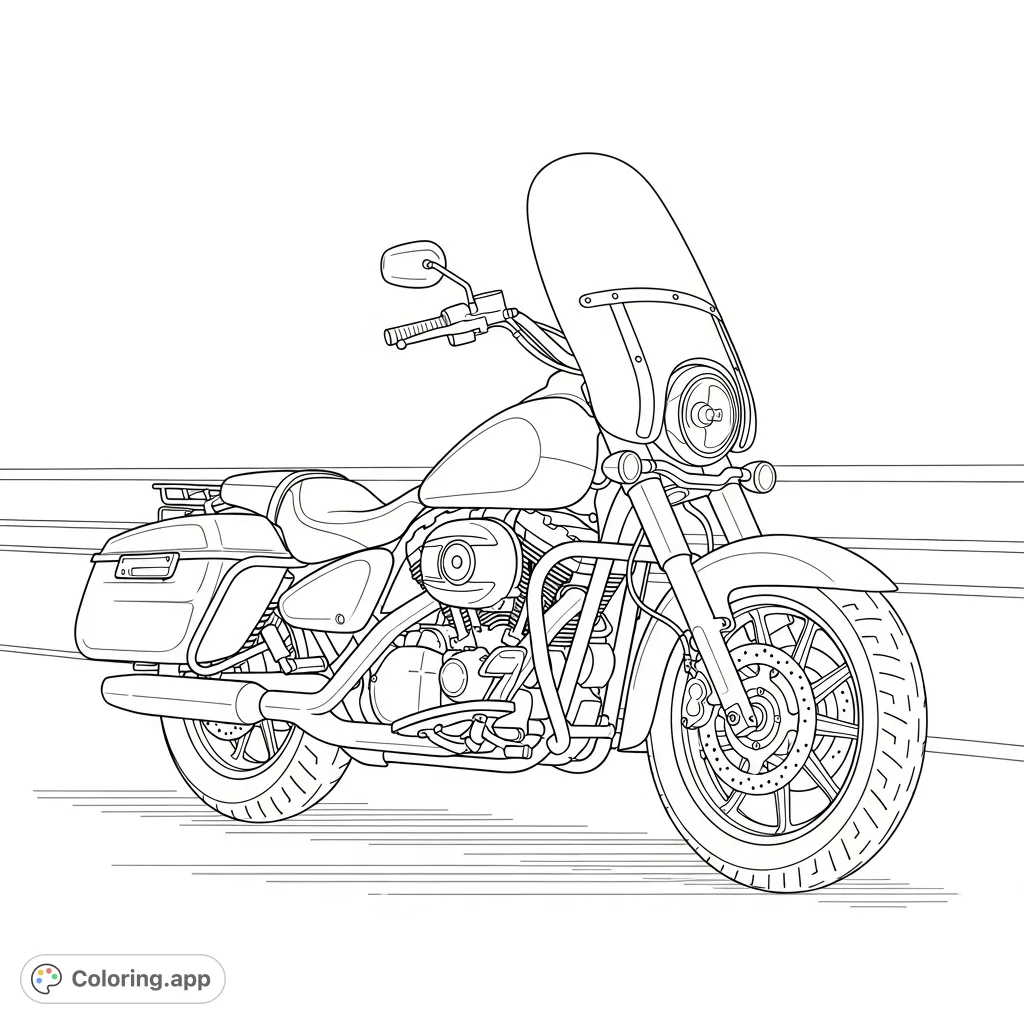 Color a detailed touring-style cruiser motorcycle with saddlebags and a tall windscreen, set against a backdrop of subtle highway lines for a classic ride.