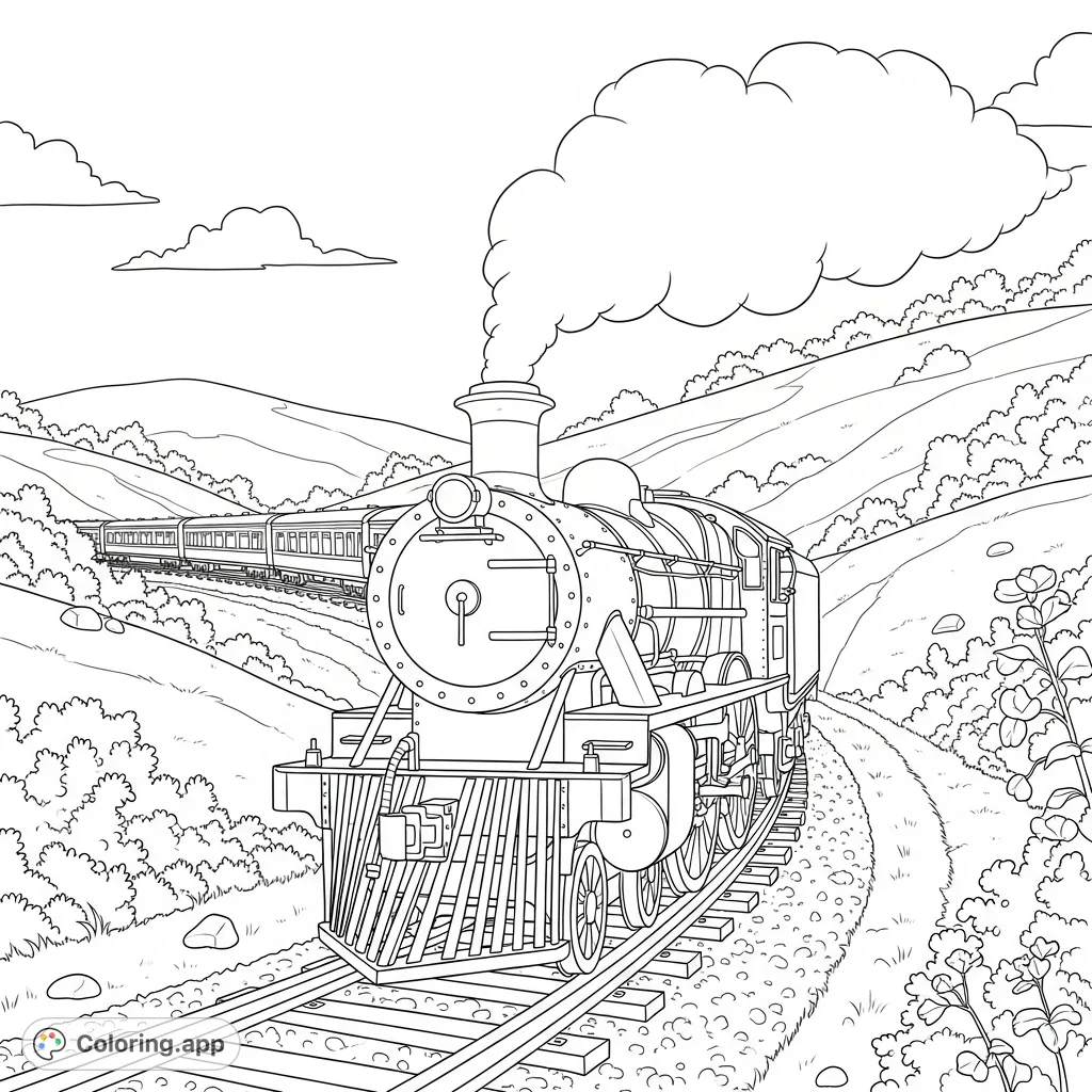 A detailed coloring page featuring a classic steam train winding around a verdant hillside, complete with locomotive, passenger cars, and natural scenery.