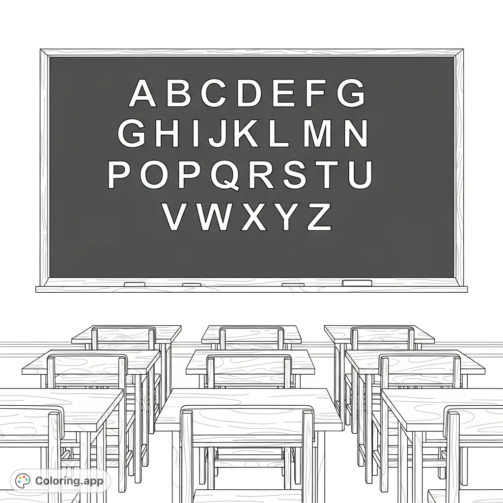 Step into a classic classroom with this alphabet blackboard coloring page. Features a vintage blackboard with the English alphabet, wooden desks, and chairs, perfect for learning and relaxation.