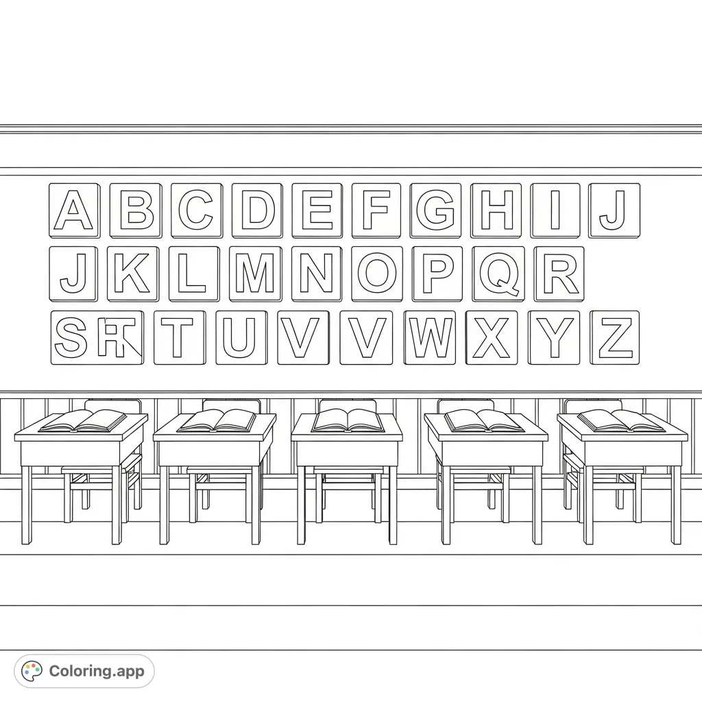 Explore a cheerful classroom with a prominent alphabet wall, featuring large, ordered capital letters above simple wooden desks with open books. Perfect for learning and creativity.