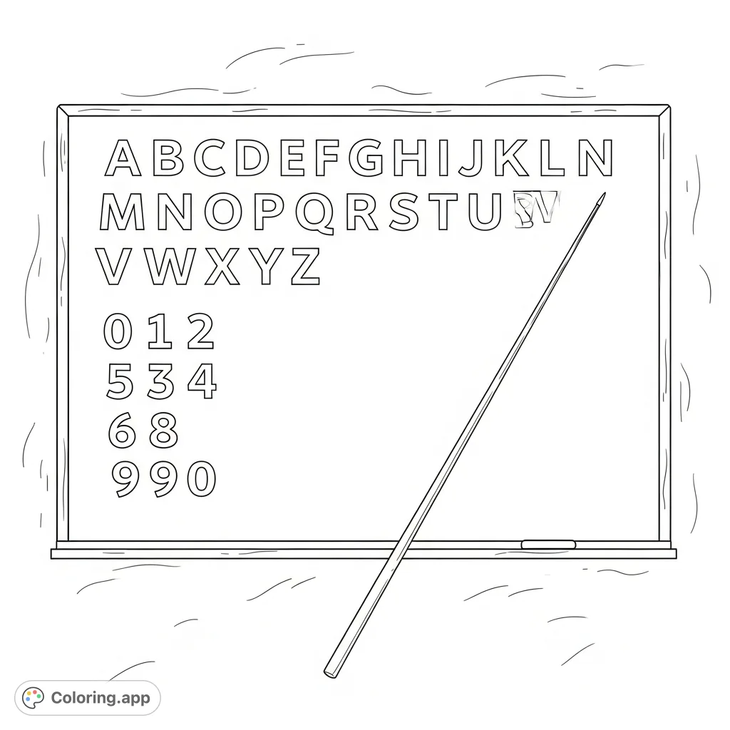 Explore this educational blackboard coloring page featuring the complete alphabet, numbers 0-10, and a classic pointer against a textured wall.