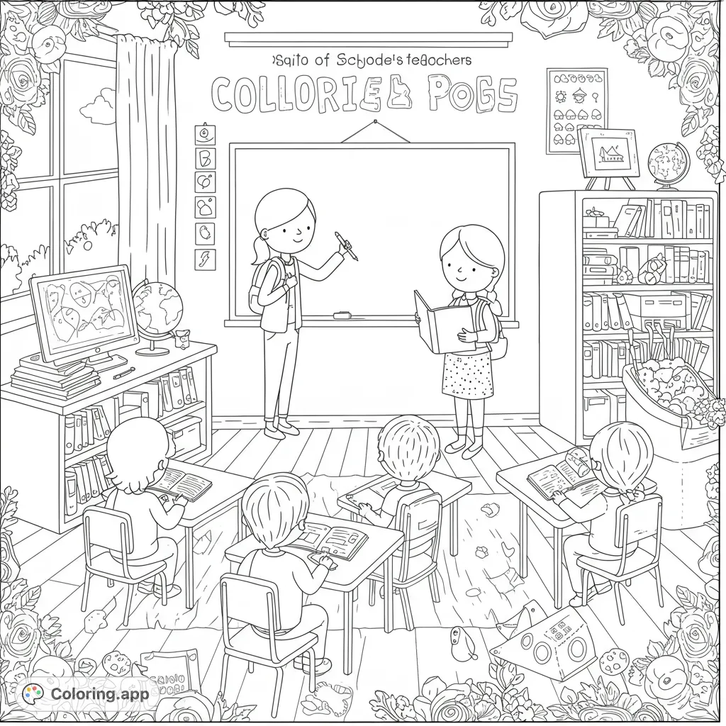 A detailed classroom scene with a teacher, students, desks, books, and a floral border, perfect for educational coloring fun.