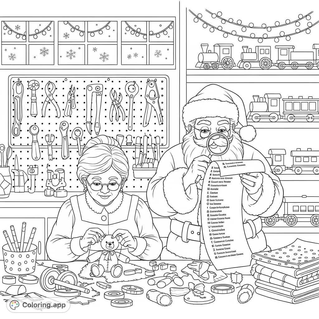 A delightful Mrs. Claus stitches a teddy bear while Santa checks his list in their festive, detail-rich workshop, perfect for holiday coloring.