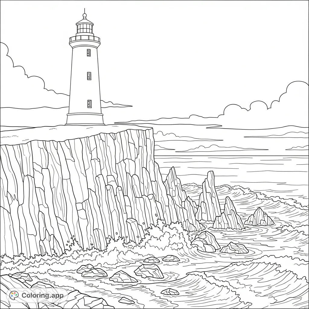 A dramatic cliffside lighthouse overlooks turbulent waves crashing against rugged, layered rock formations. A challenging scene for experienced colorists.
