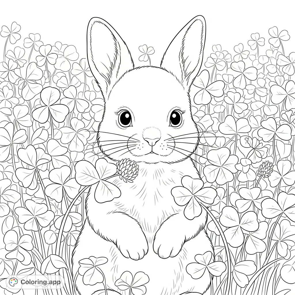 A charming coloring page featuring a fluffy rabbit kitten nestled amidst a dense field of tall clover, with alert ears and gentle, rounded forms.