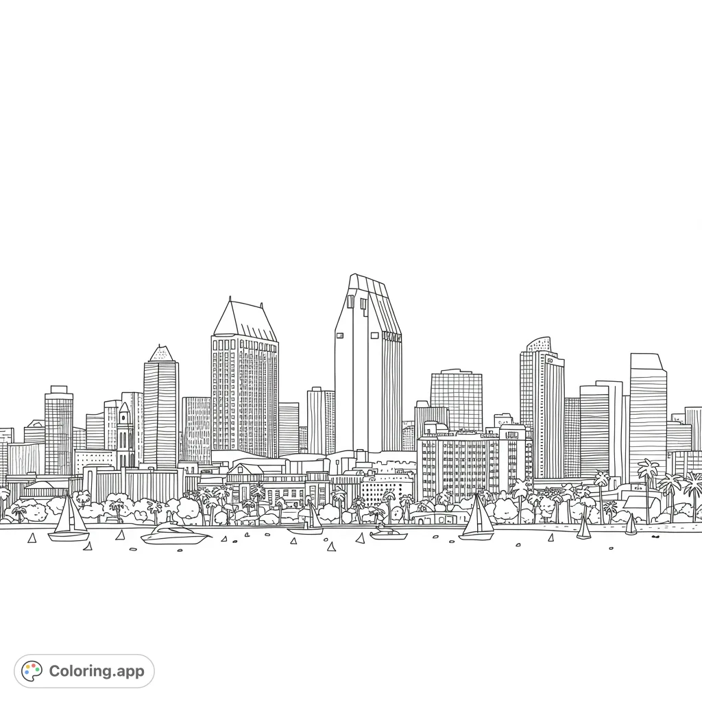 Explore a vibrant coastal city skyline coloring page featuring towering skyscrapers, lush palm trees, and sailboats on the water. A free printable urban adventure.