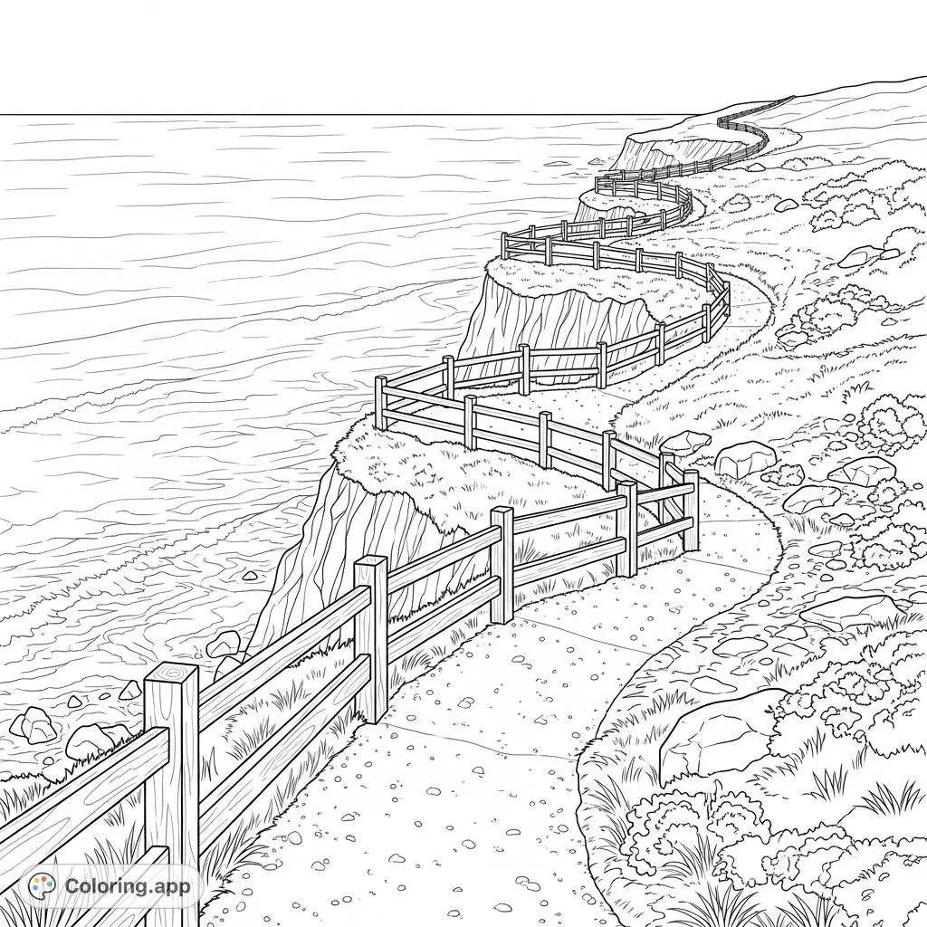Explore a serene cliff path winding along a rugged coastline, complete with sturdy fences and scenic ocean overlooks. A calming landscape for mindful coloring.