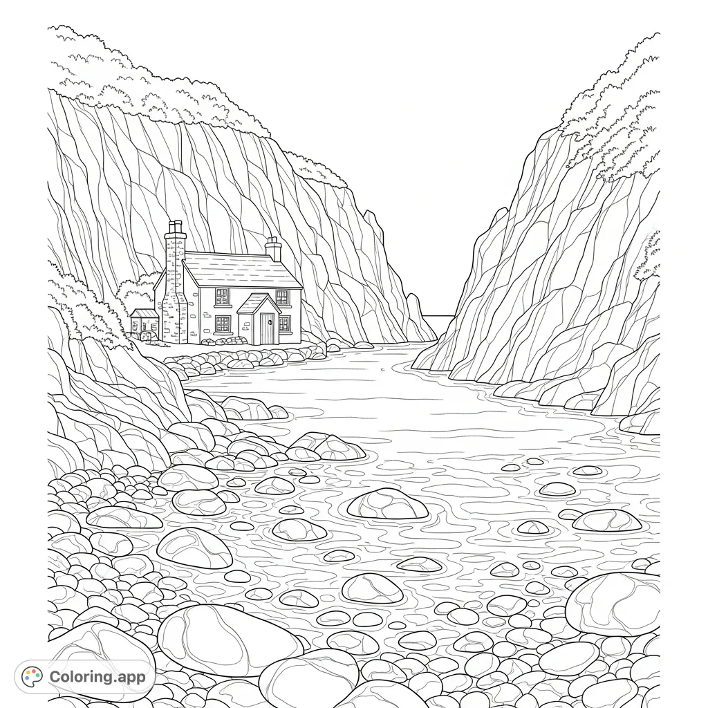 Color a peaceful coastal scene featuring a quaint cottage nestled in a rocky cove, surrounded by dramatic cliffs and a pebble-strewn beach with gentle waves.