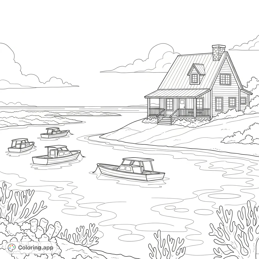 A tranquil coloring page featuring a cozy cottage perched above a peaceful, reef-protected lagoon with simple boat and coral silhouettes. Perfect for relaxation.