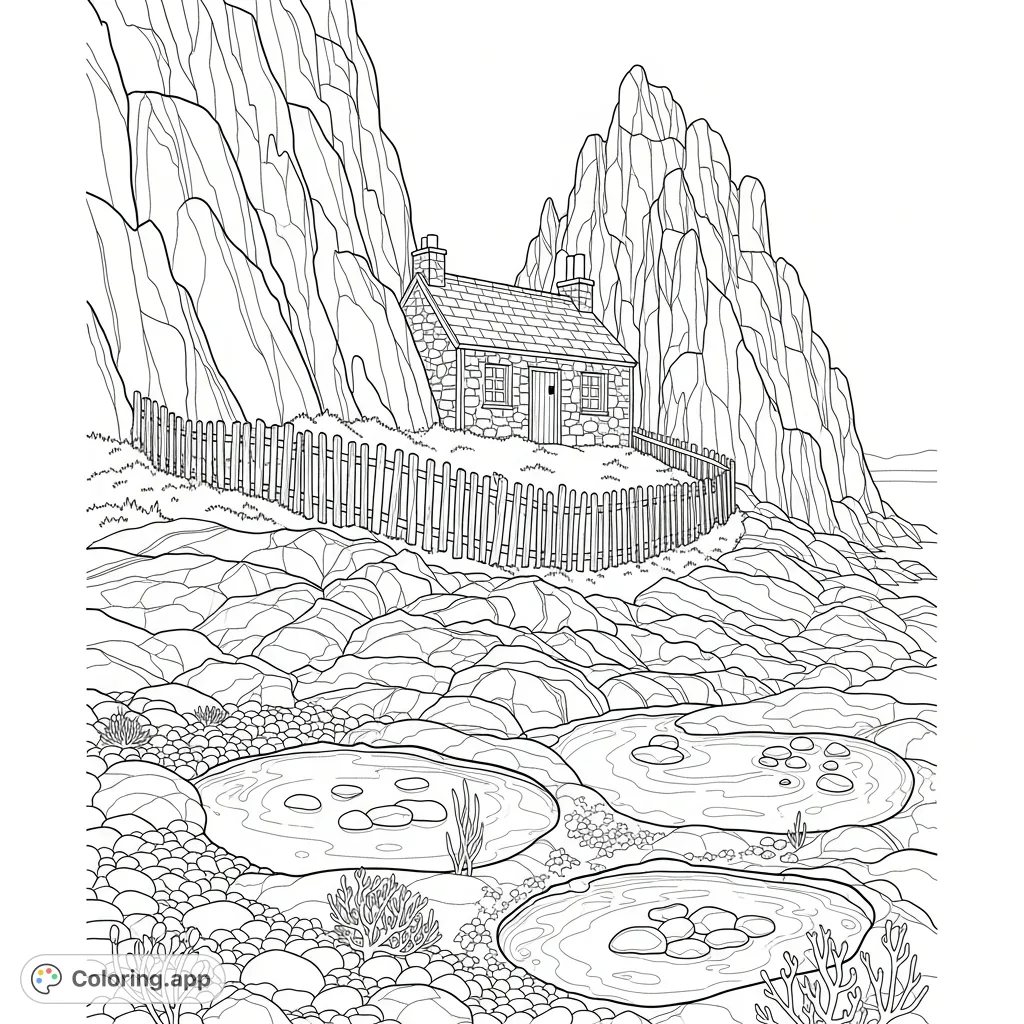 A charming cottage nestled amidst coastal rocks, featuring a wooden fence and tranquil tide pools in the foreground.