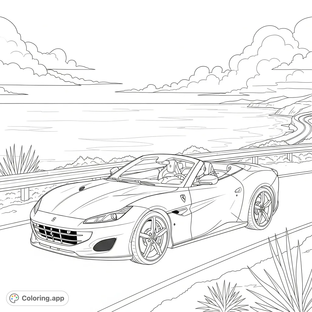 A luxurious Ferrari Portofino style convertible cruises a scenic coastal road. Features sleek lines, an open top, and a detailed driver against an ocean backdrop.
