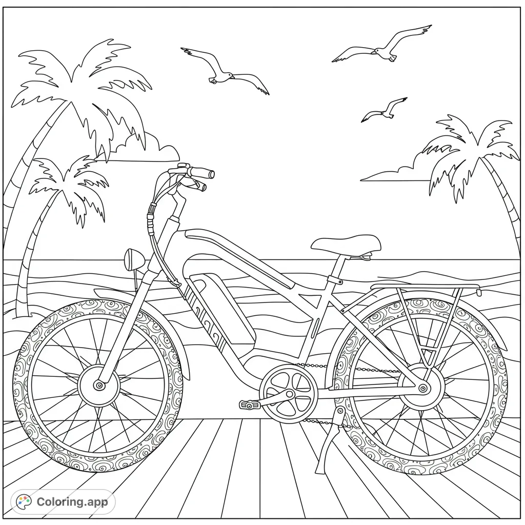 An electric bike on a boardwalk by the beach, with palm trees and seagulls. A perfect summer e-bike coloring page for all ages.