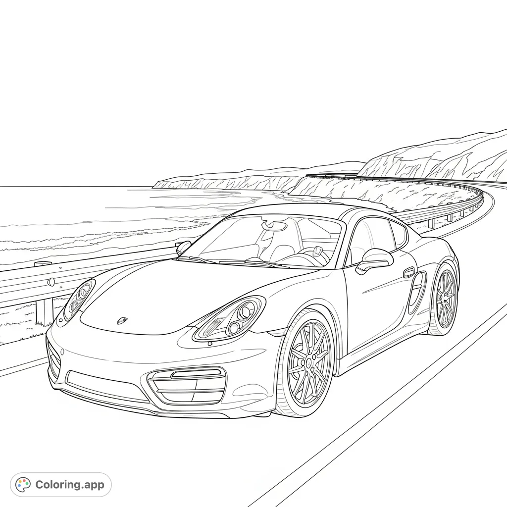Color a sleek, aerodynamic coupe on a scenic coastal highway. Detailed car with clean lines against ocean waves and distant cliffs.