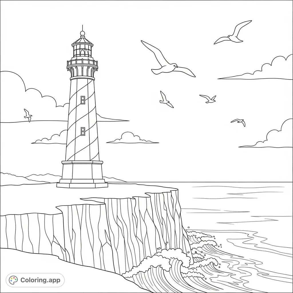 A majestic lighthouse with a spiral stair tower stands proudly beside towering sea cliffs, with simple bird shapes soaring in the sky above a rugged coastline. Calm and inspiring.