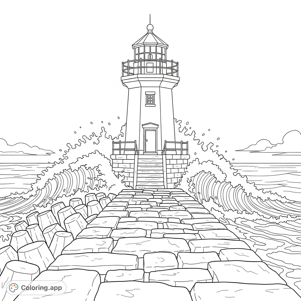 A detailed coloring page featuring a sturdy small lighthouse on a stone jetty, with dynamic ocean waves breaking against its base and stretching into the distance.
