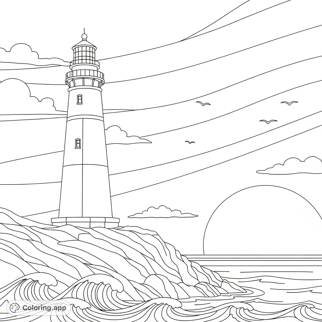 A serene coastal scene featuring a majestic lighthouse on a rocky shore, with gentle waves and a sky filled with soft, curved lines, perfect for relaxing coloring.