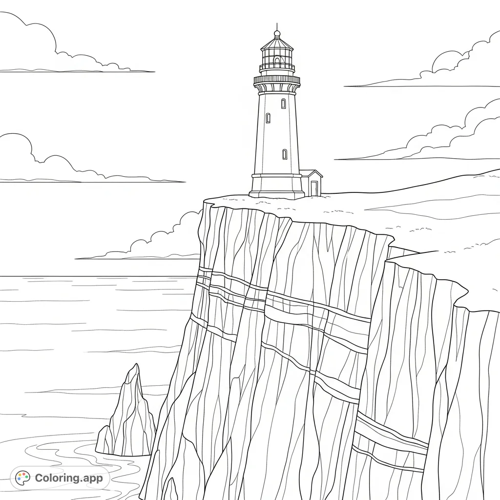 Color a majestic lighthouse atop a rugged cliff, featuring simplified rock textures and a vast seascape. Perfect for coastal charm.