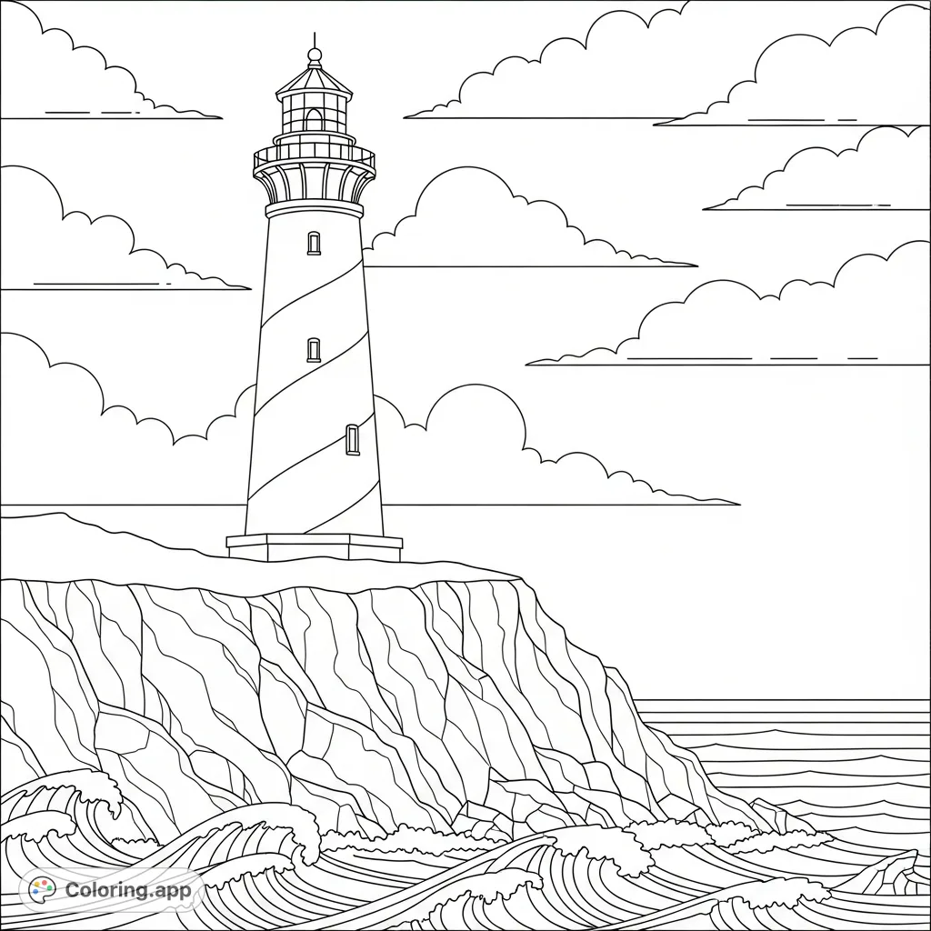 A majestic lighthouse stands tall on a rocky cliff, overlooking gentle ocean waves. Simple, curved clouds drift overhead in this serene coastal landscape.