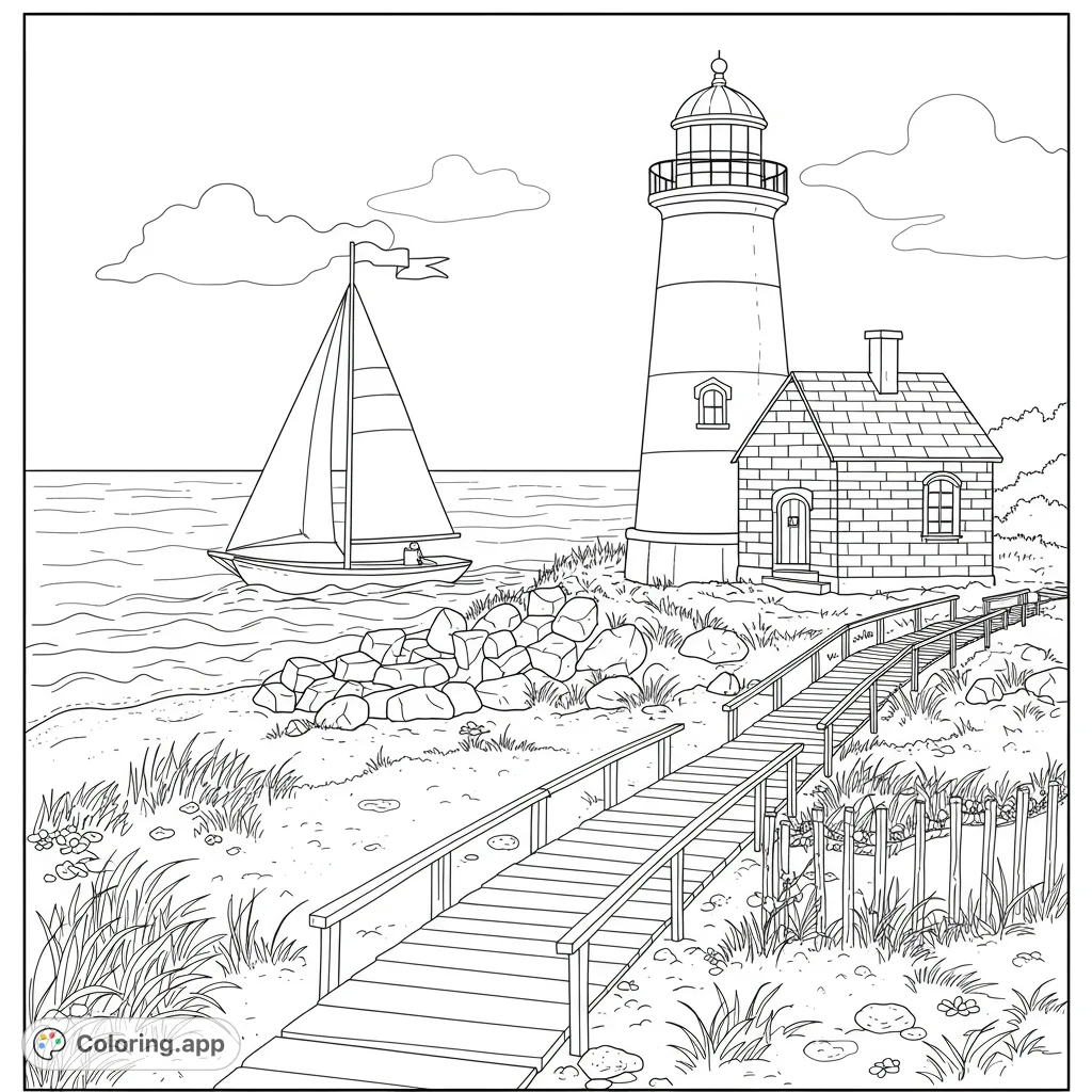 A serene coastal lighthouse coloring page featuring a tall lighthouse, a sailboat on the ocean, and a wooden boardwalk. Free printable coloring page.