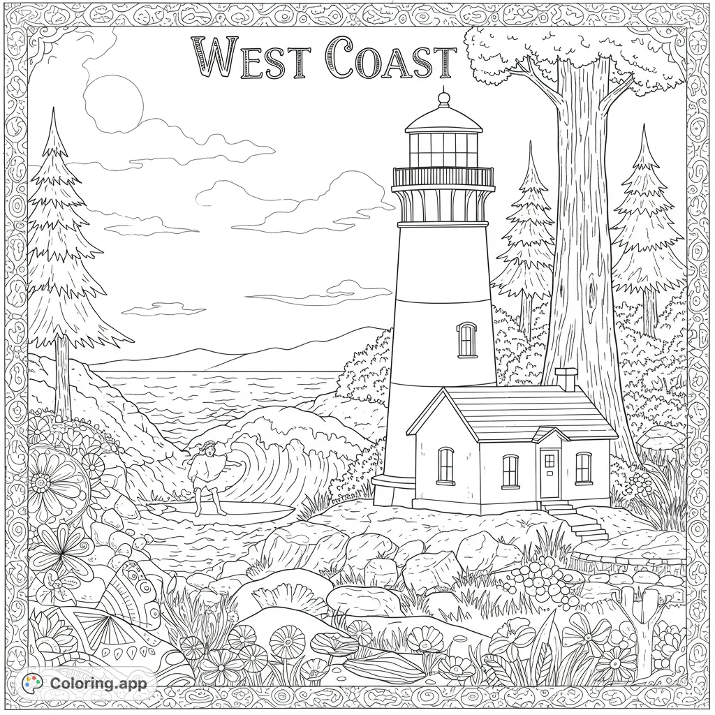 Explore a detailed West Coast scene featuring a majestic lighthouse, a surfer riding waves, and lush coastal flora, all within an ornate border.