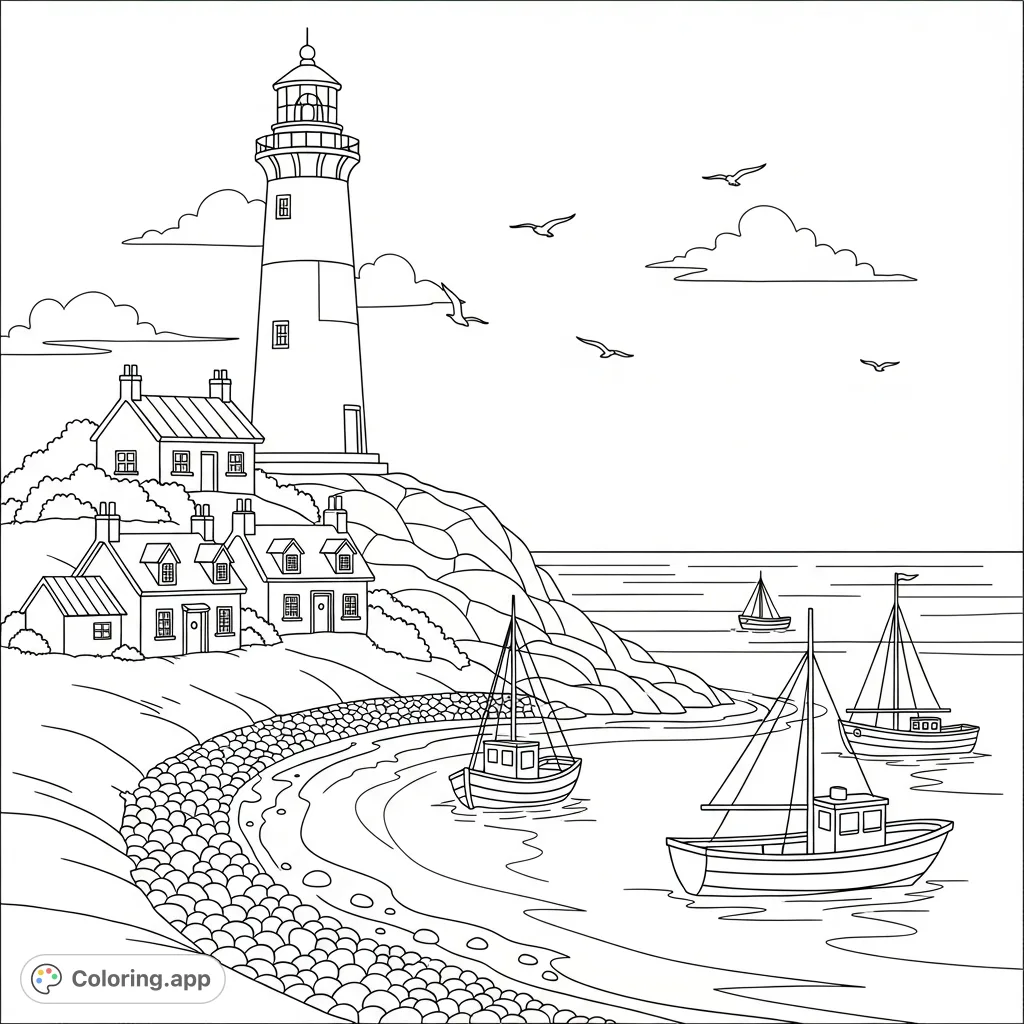 A scenic coloring page featuring a tall lighthouse overlooking a quaint coastal village with charming cottages, small fishing boats, and a simplified shoreline.