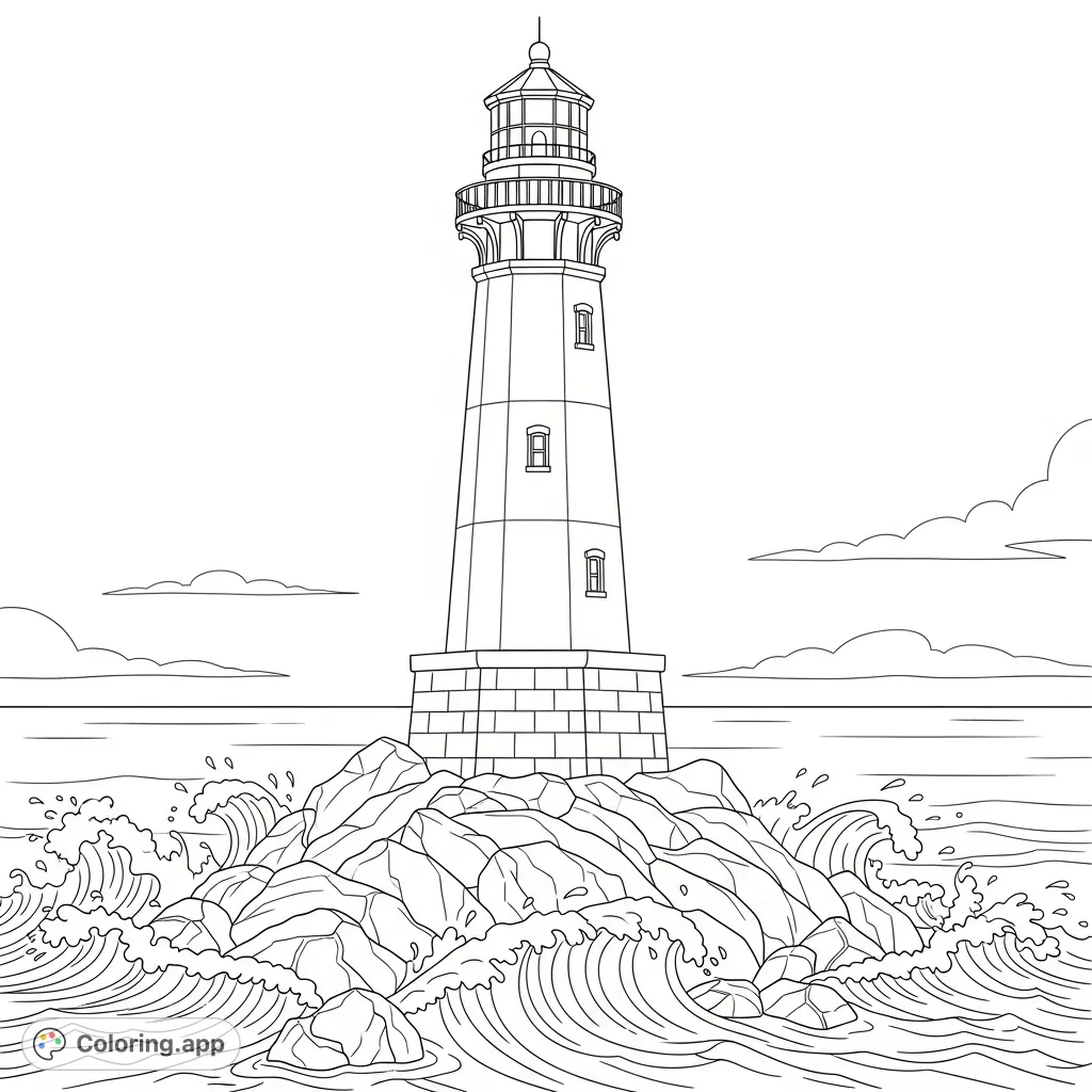 A majestic lighthouse stands firm on a rocky coast, with powerful ocean waves crashing against its stone base, creating dynamic spray patterns.