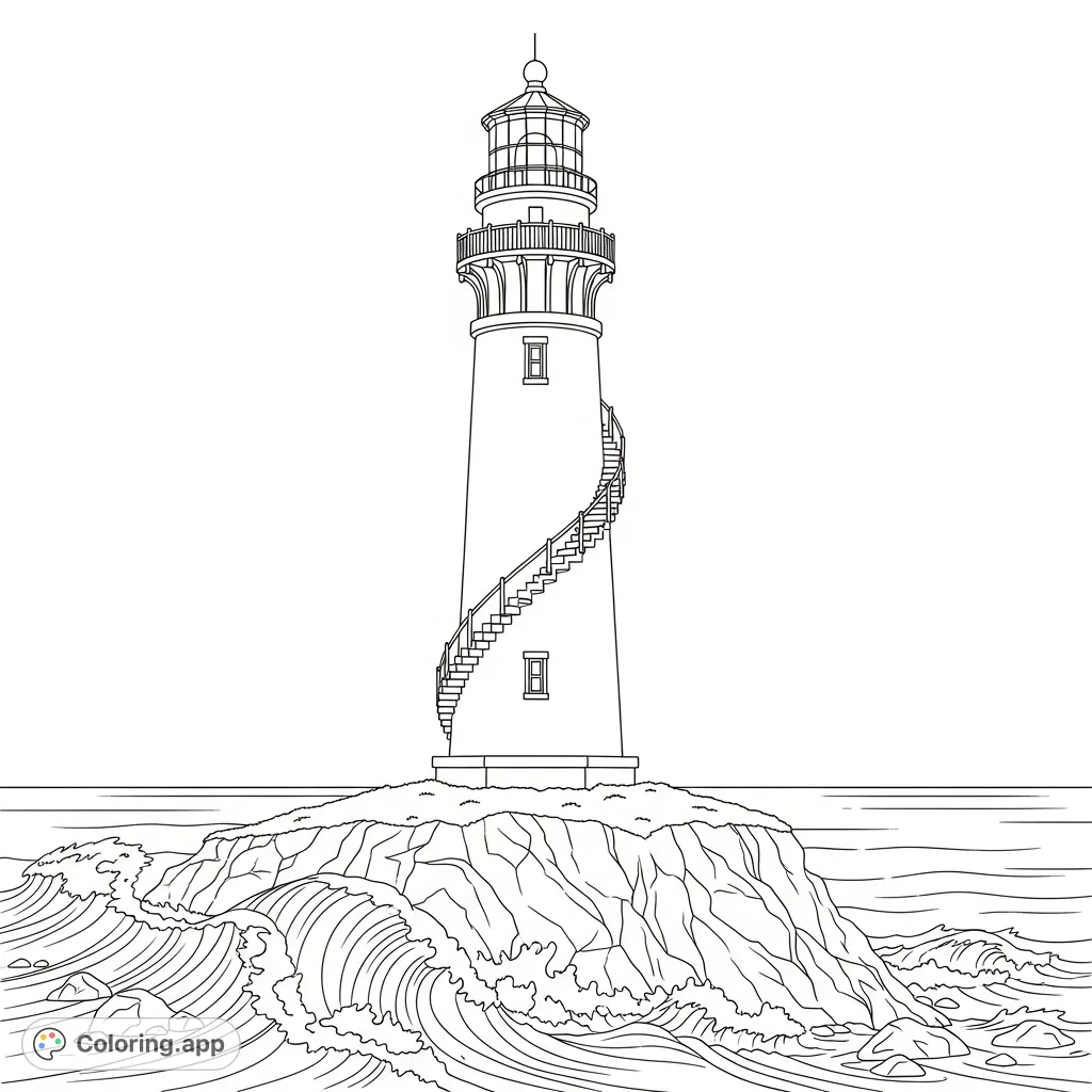 A striking lighthouse stands on a rugged cliff, featuring an external staircase to its lantern room. Waves crash below, offering a serene yet powerful coastal scene.
