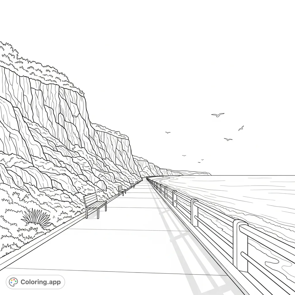 A serene coastal promenade, flanked by towering cliffs on one side and the expansive, open ocean on the other, offers a vast, calming landscape.