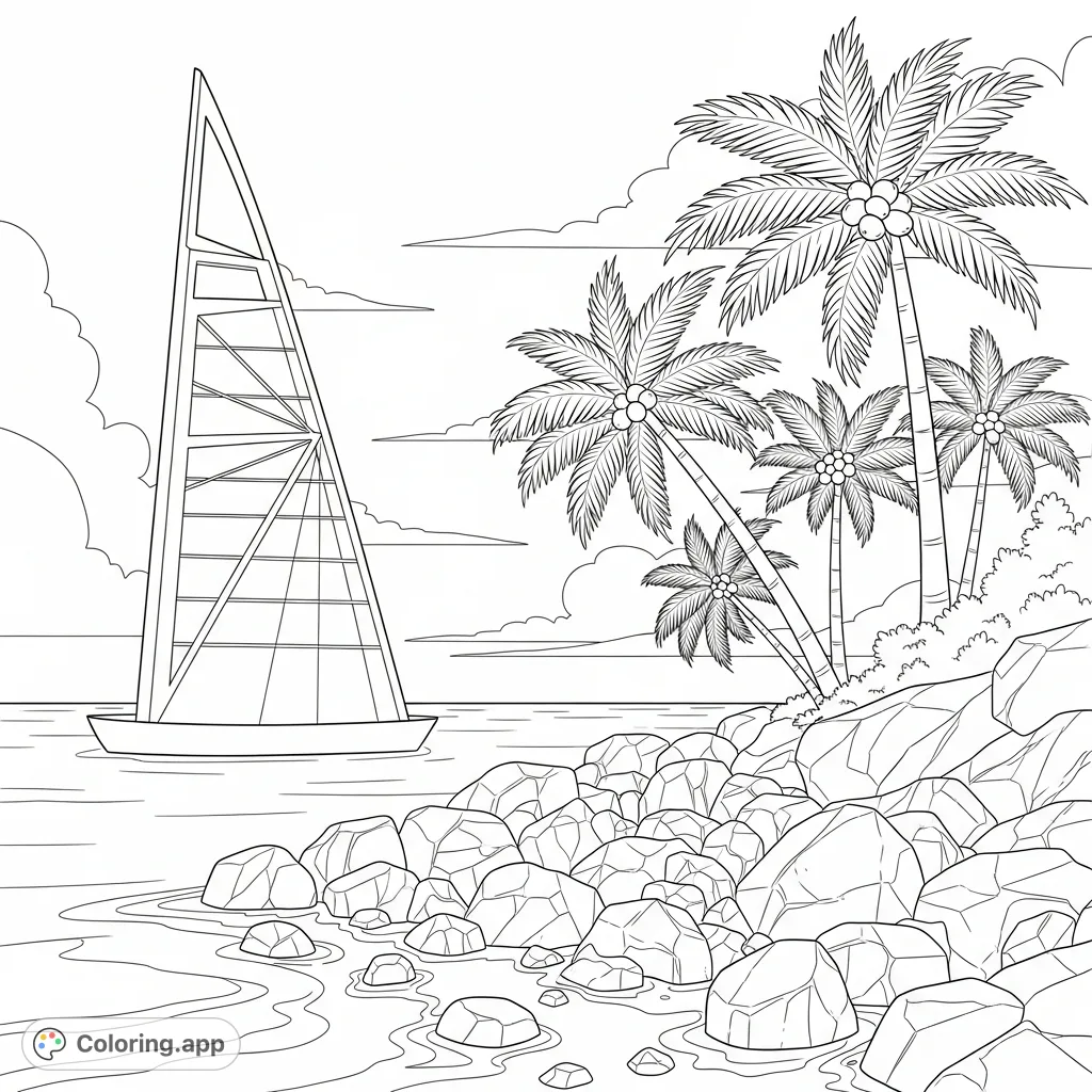 A majestic triangular tower stands sentinel over a dynamic seaside landscape. Rugged rocks and swaying palm trees complete this serene coastal scene.