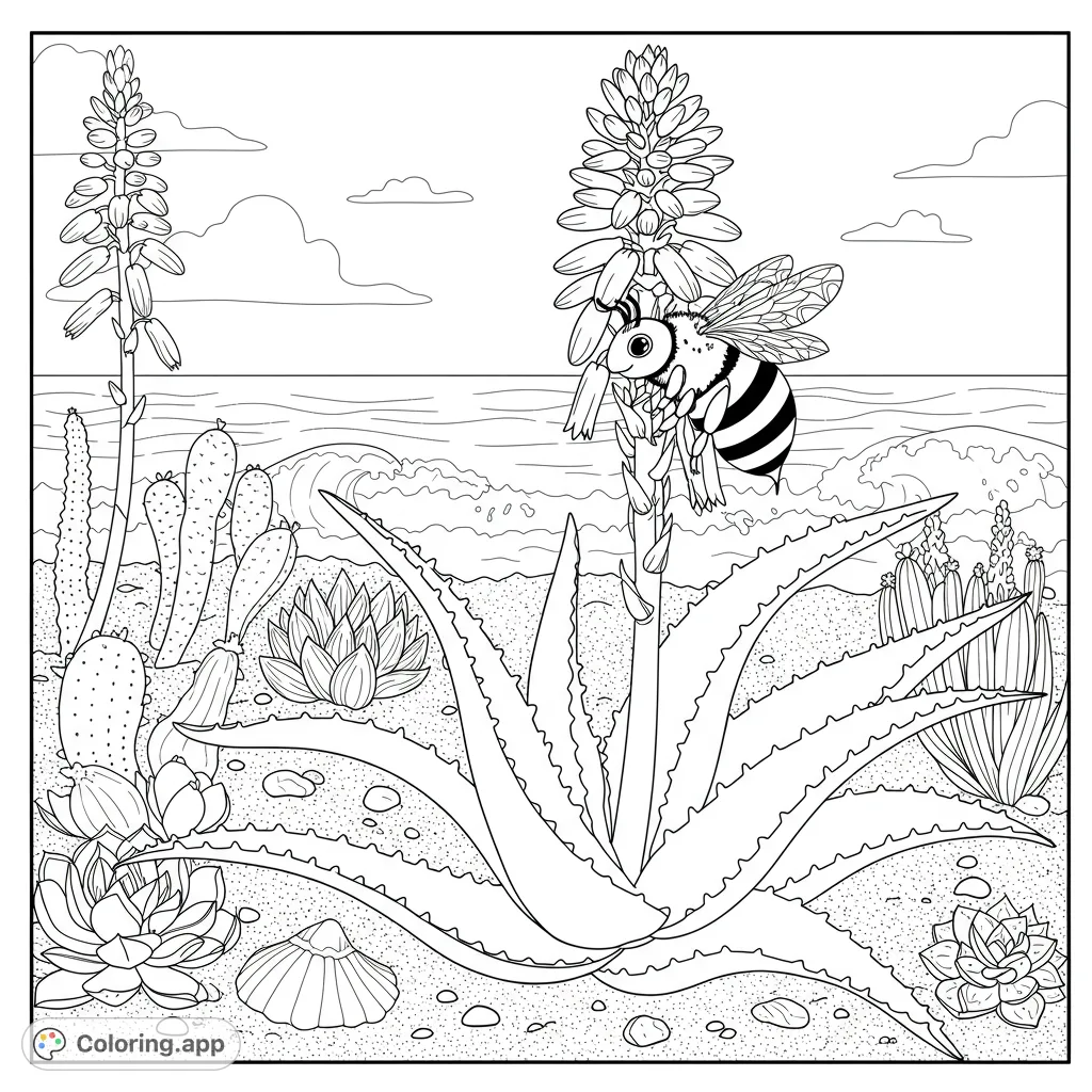 A charming bee gathers nectar from an aloe vera bloom on a sandy beach, surrounded by various succulents and cacti with ocean waves in the background.