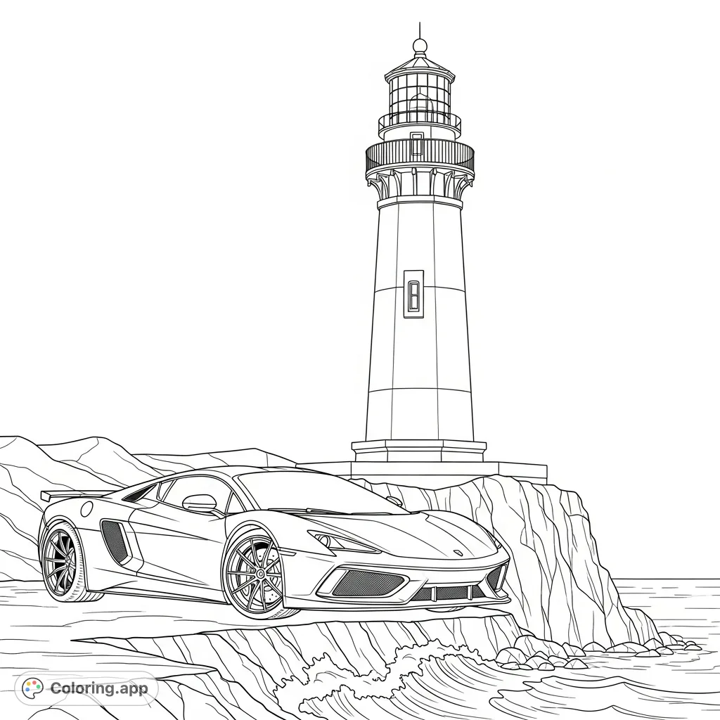 Color a dynamic scene featuring a sleek supercar parked on a rugged coast with a classic lighthouse overlooking the ocean. Perfect for car enthusiasts!