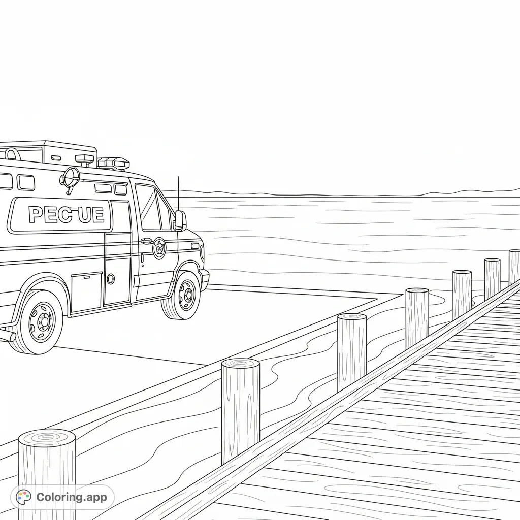 A detailed coloring page featuring a water-rescue van parked beside a rustic wooden pier, overlooking calm, gently rippling water. Perfect for rescue vehicle enthusiasts.