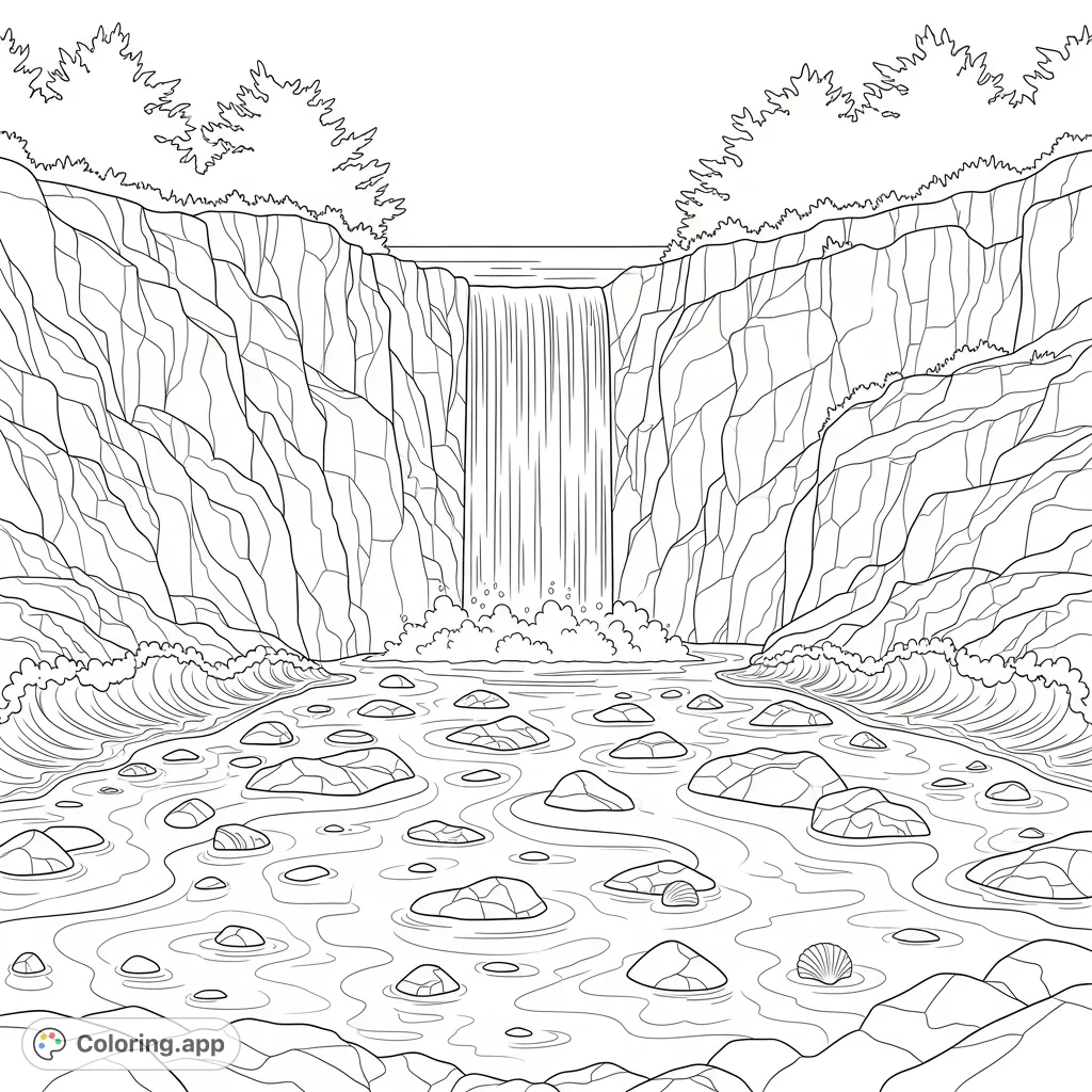 Experience the raw beauty of nature with this coastal cliffside waterfall coloring page. Waters plunge into intricate tidal pools.