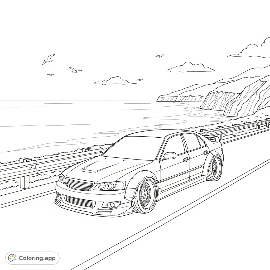 A detailed coloring page of a widebody sedan parked by a scenic coastline road with simplified cliffs and a tranquil ocean in the background.