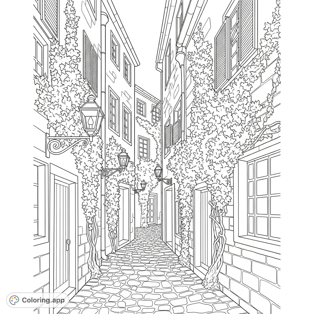 Explore a charming cobblestone alley, where ornate lanterns cast light on aged shuttered windows and lush ivy gracefully climbs ancient stone walls, inviting intricate coloring.