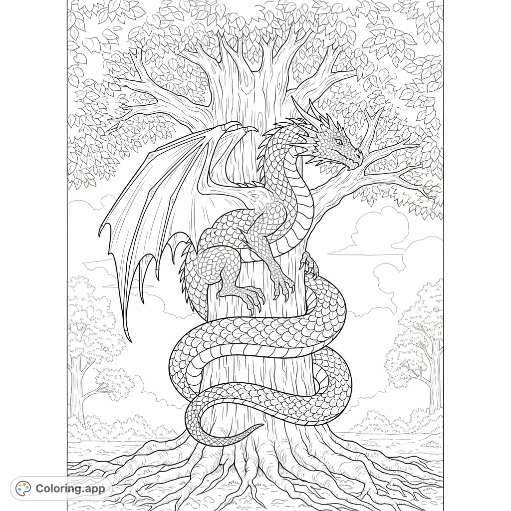 An ancient dragon coils majestically around a tall, gnarled tree, its intricate scales and powerful form dominating a serene forest scene. A captivating fantasy adventure.