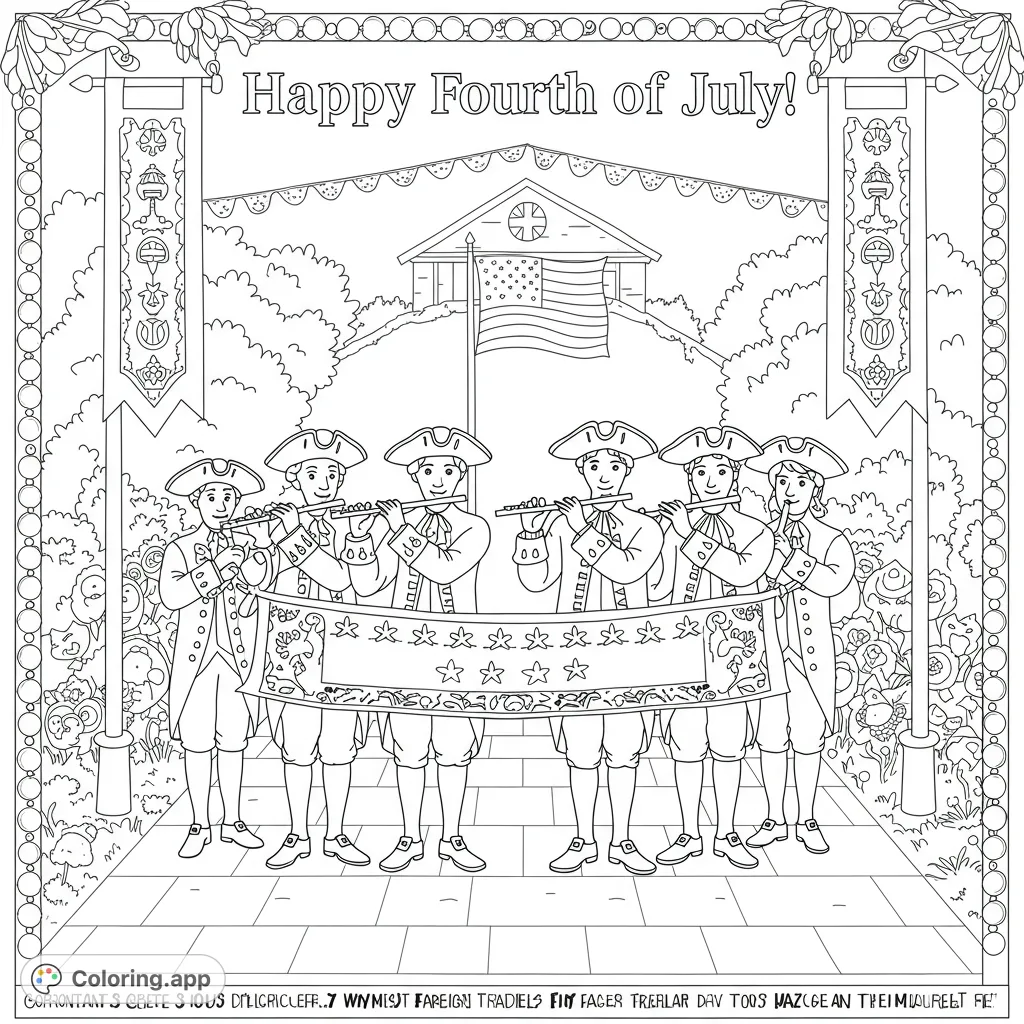 A patriotic colonial fife and drum band parades with a star-spangled banner, set against a historic building, perfect for Fourth of July coloring.