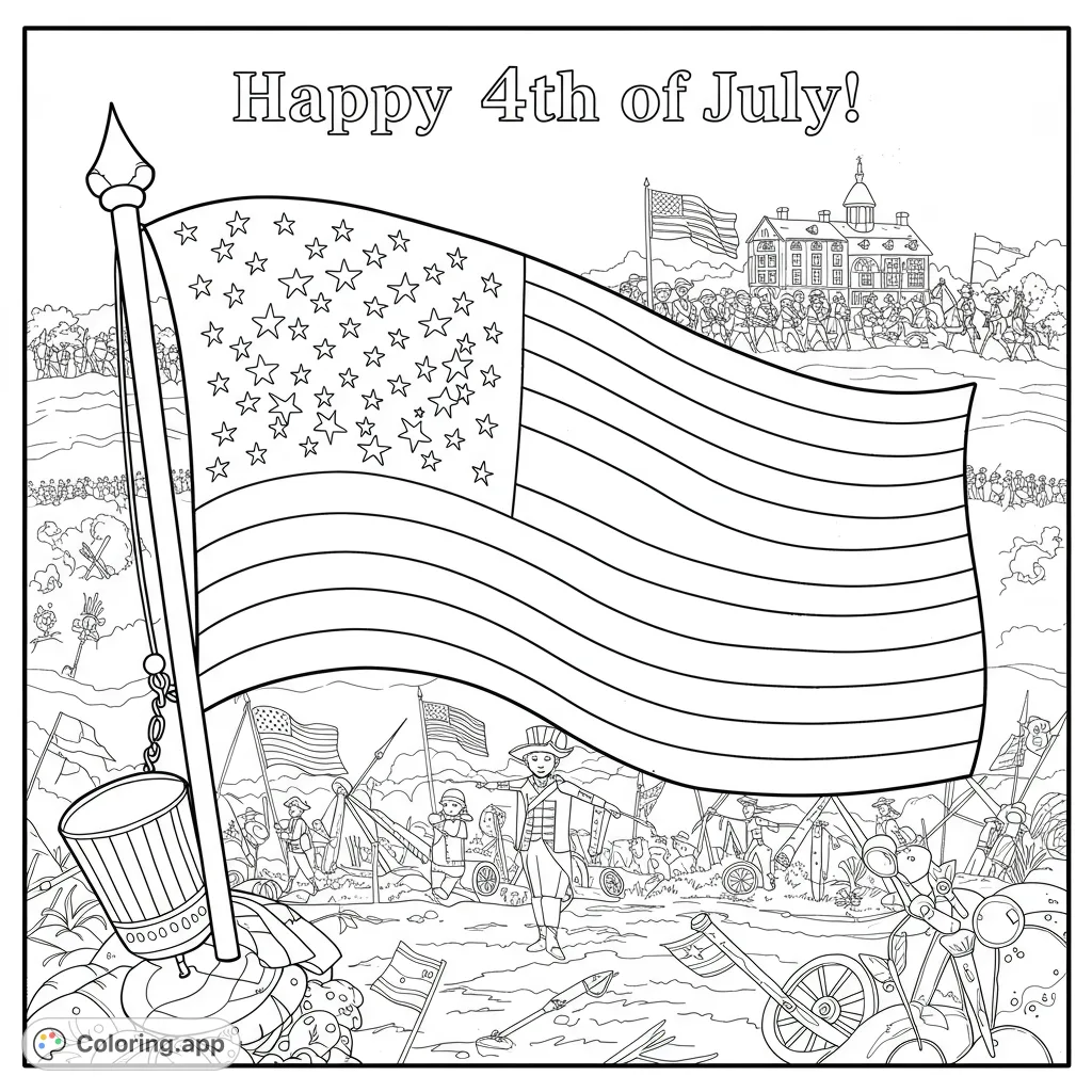A vibrant patriotic American history coloring page featuring a grand flag, colonial soldiers, and historic landmarks, perfect for celebrating freedom.