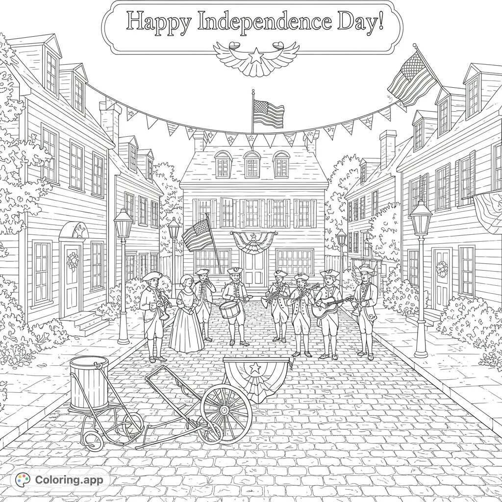 Step back in time with this historical street scene coloring page featuring a colonial band, festive flags, and charming cobblestone streets. A free printable coloring page for all ages.
