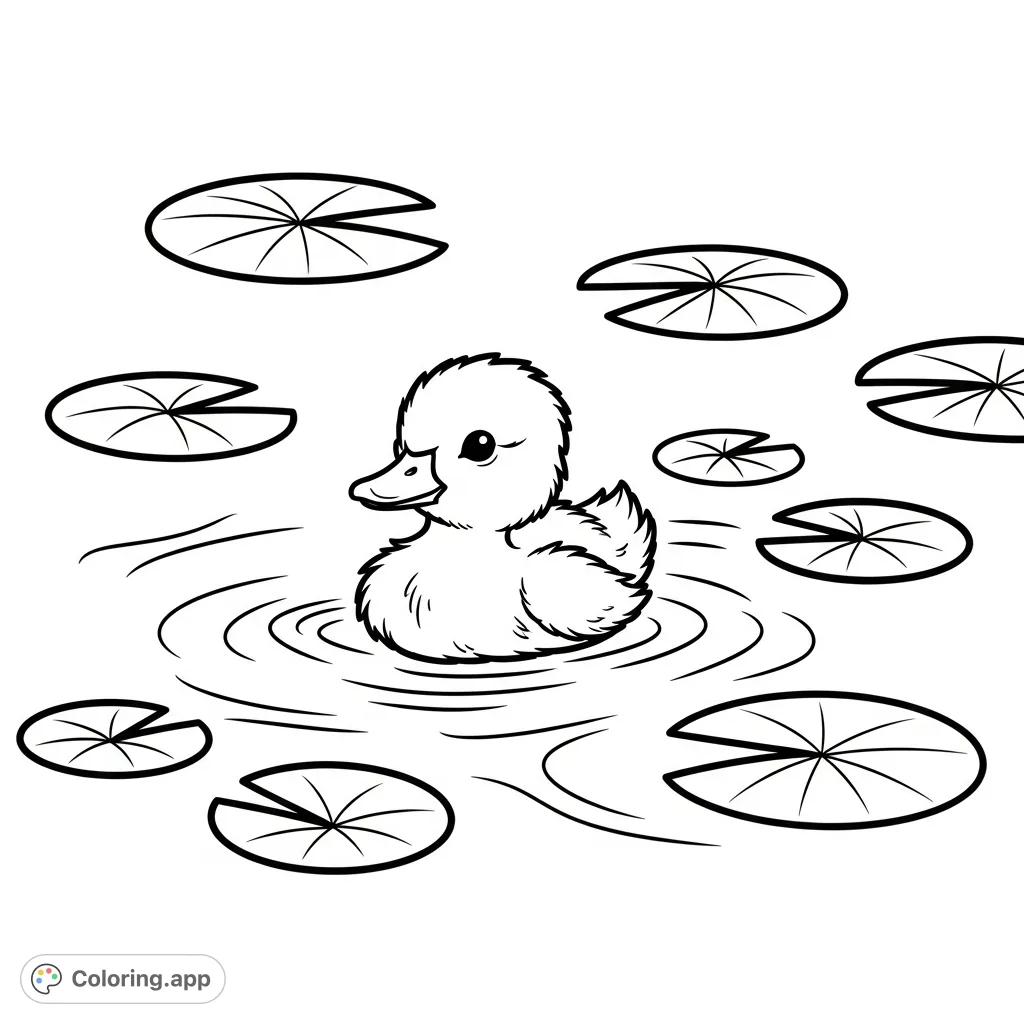 A baby duckling swimming near lily pads
