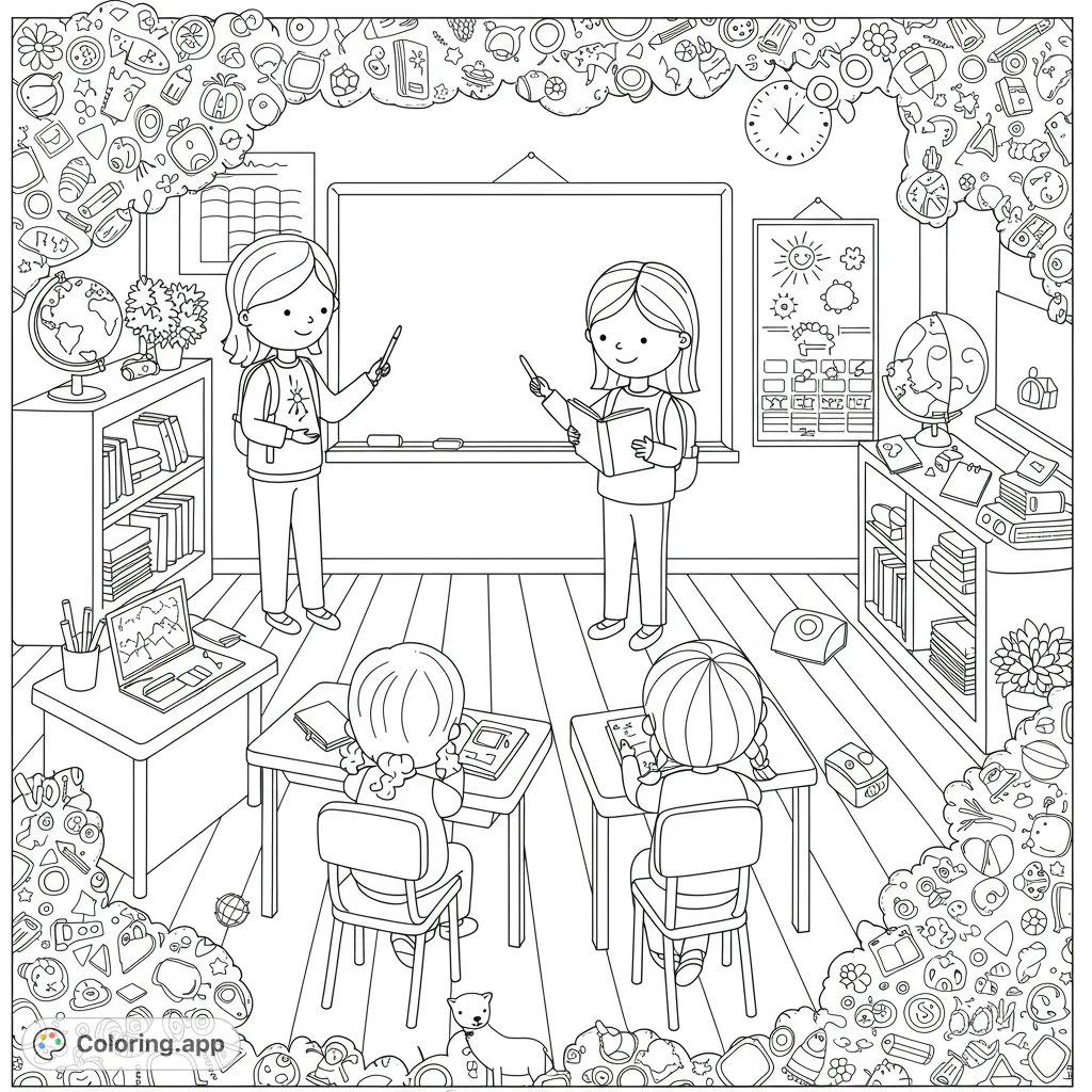 Teachers in a Cozy Classroom Coloring Page