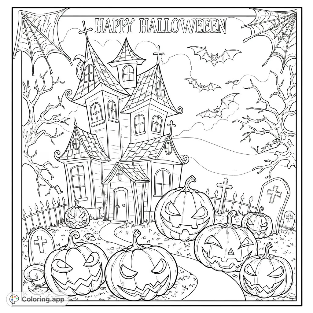 Spooky Halloween Haunted House Coloring