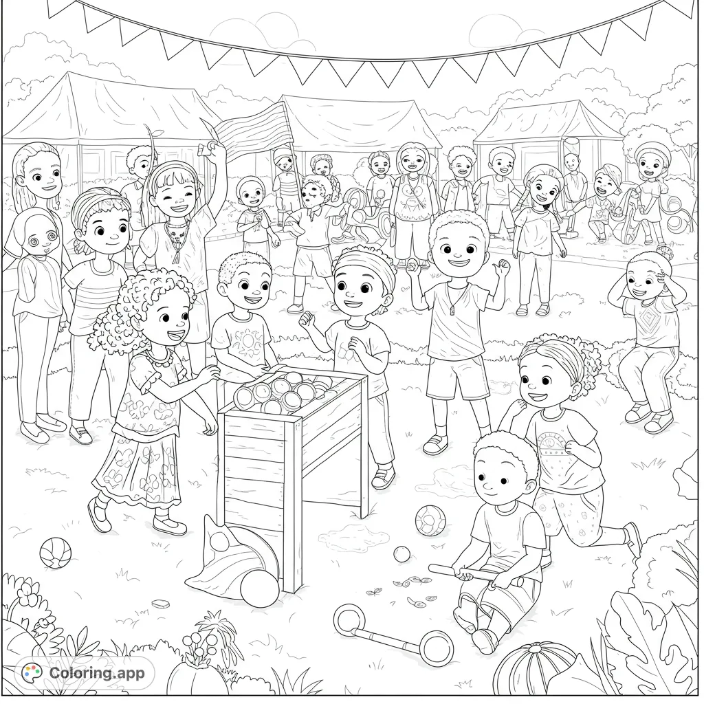 A lively community fair scene with diverse children playing games and celebrating. Features a ball toss game, flag-waving, and joyful interactions under festive banners.