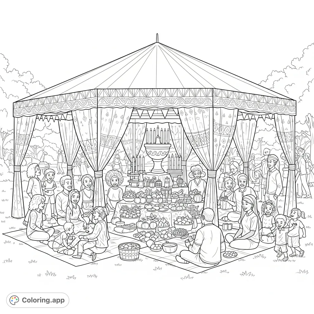 Celebrate Kwanzaa with this detailed coloring page featuring families gathered under a patterned canopy, a prominent kinara, and a communal unity cup in a bustling park.