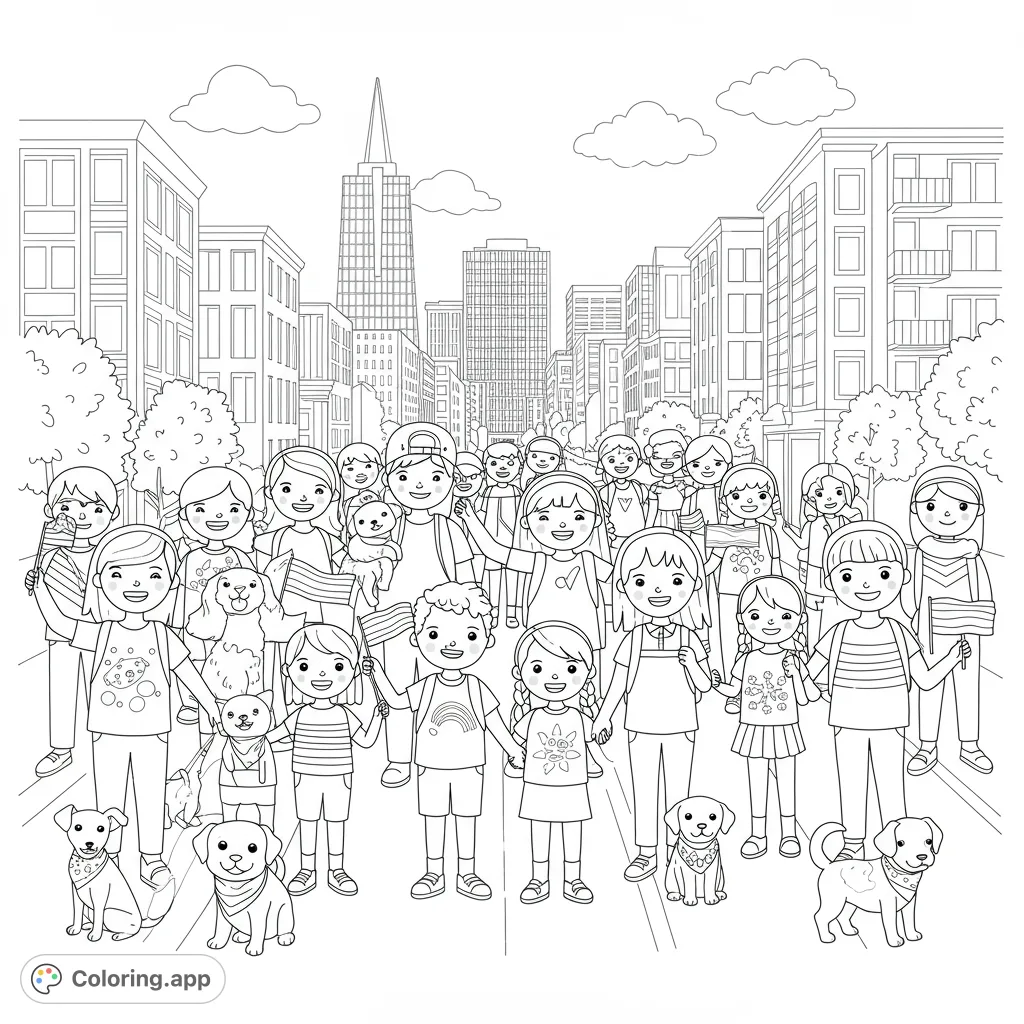 A joyful community parade coloring page featuring a diverse crowd of children, adults, and dogs on a city street, holding rainbow flags.