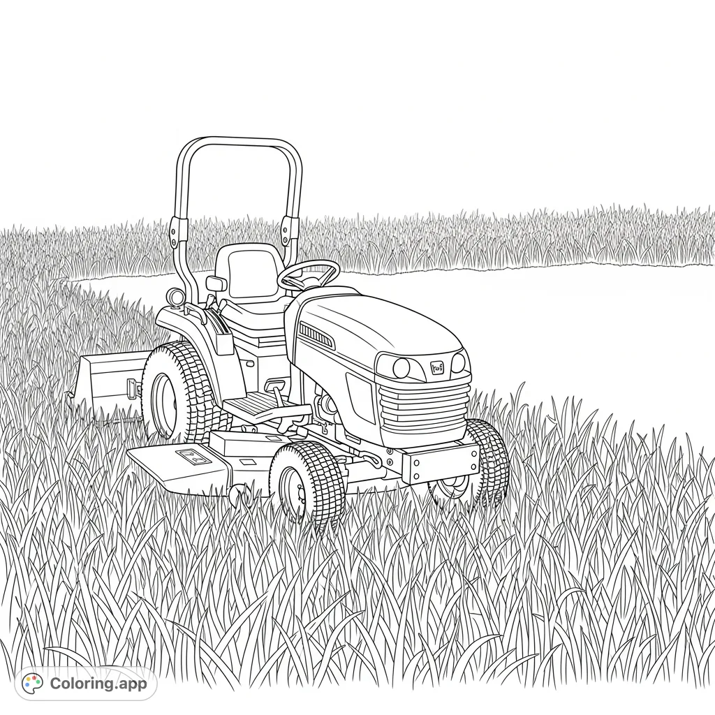 A compact utility tractor diligently mows tall grass, featuring clear machine details and a distinct mowed path. Perfect for farm enthusiasts!