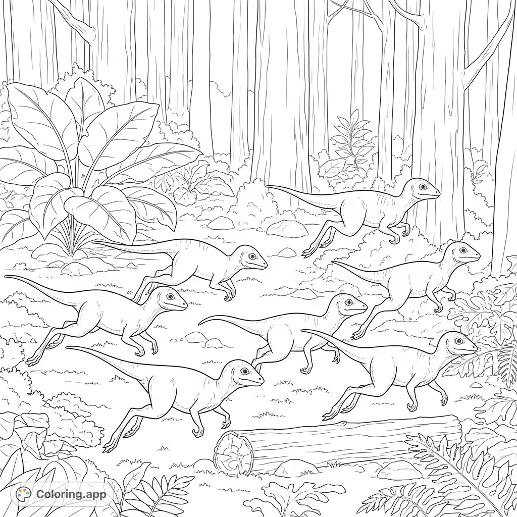 A dynamic coloring page featuring a group of swift compsognathus dinosaurs running through a lush, prehistoric forest with detailed plants and terrain.
