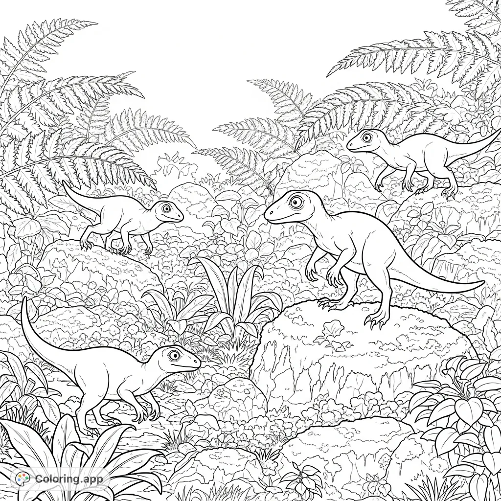 Experience the ancient world with this Compsognathus coloring page. Four agile dinosaurs dart through giant ferns and mossy boulders, a thrilling prehistoric scene.