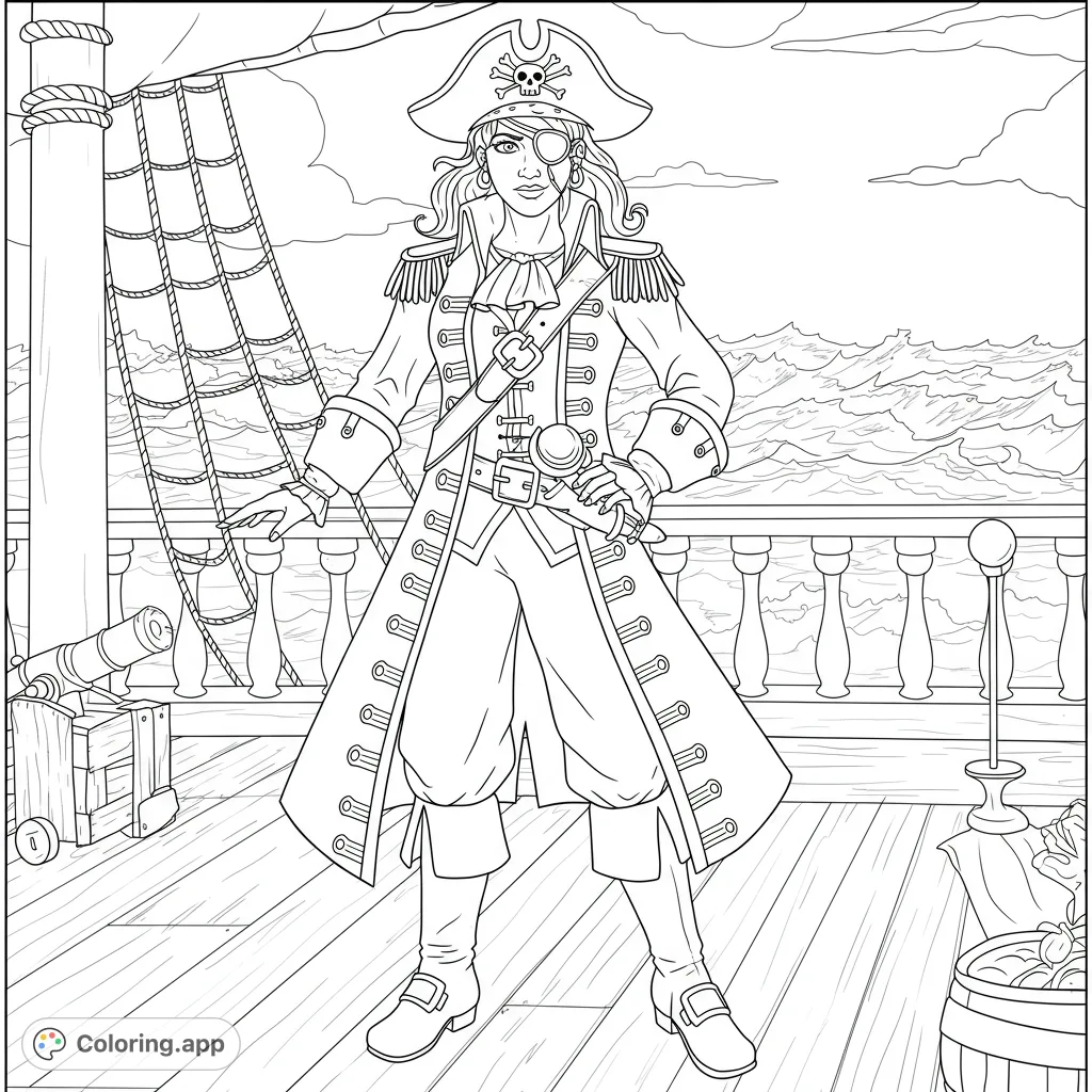 A detailed pirate coloring page featuring a confident female captain on her ship's deck, ready for adventure. Perfect free printable coloring page for all ages!