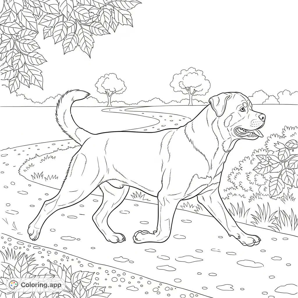 A powerful Rottweiler trots confidently along a detailed park trail, tail curved, surrounded by natural foliage. Perfect for dog lovers to color and relax.